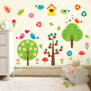 #4 Αυτοκόλλητο τοίχου δέντρα, λουλούδια και πουλιά - Sticker Box