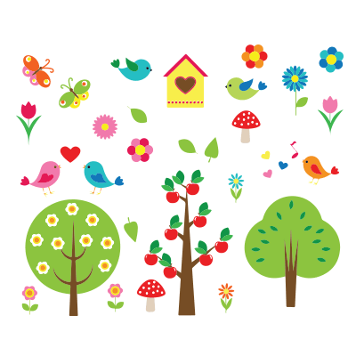 #1 Αυτοκόλλητο τοίχου δέντρα, λουλούδια, πουλιά (σετ) - Sticker Box